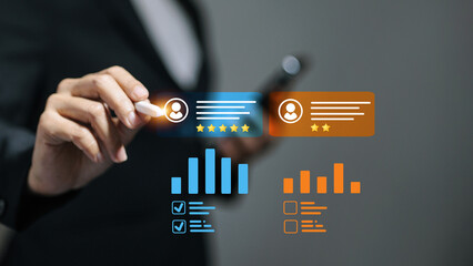 Businessman hand using digital pen with customer review rating and data analytics dashboard concept