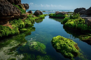 Obraz premium Peaceful Stone Ponds With Green Growth and Crustaceans 