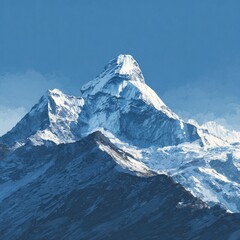 Snow-capped mountain peak against a clear blue sky.  A majestic, detailed view of a high altitude mountain range, with a prominent, snow-covered peak rising above the surrounding ridges