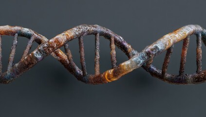 Rusted double helix DNA.  A 3D rendering of a DNA double helix, depicted as rusted metal.  The strands twist and curve, showcasing a detailed, textured rust patina with varying shades of brown, 