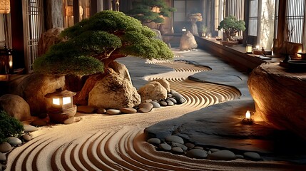 Japanese bonsai and stone arrangement in zen high resolution image