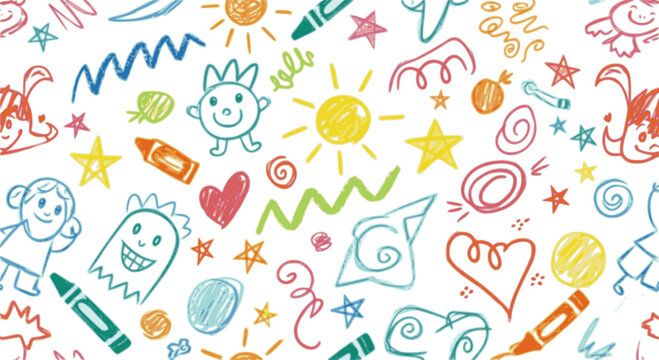 Crayon drawn kid doodles seamless pattern. Funky chalk kid drawings.
