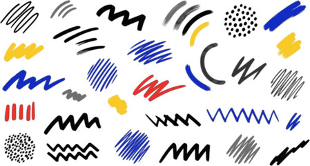 Fototapeta premium Intricate geometric brush strokes collection. Abstract geometric bold lines and dots. Hand drawn bold grunge shapes, curved and zigzag lines. Naive sketchy marker strokes for collages, banners