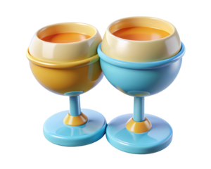 Two stylish cartoon cocktail glasses holding orange juice or tropical drink 3d illustration isolated on transparent background