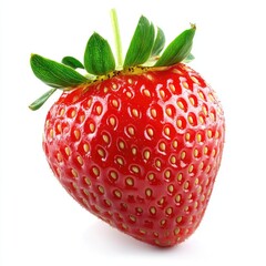 Single, ripe strawberry with green leaves, isolated on white