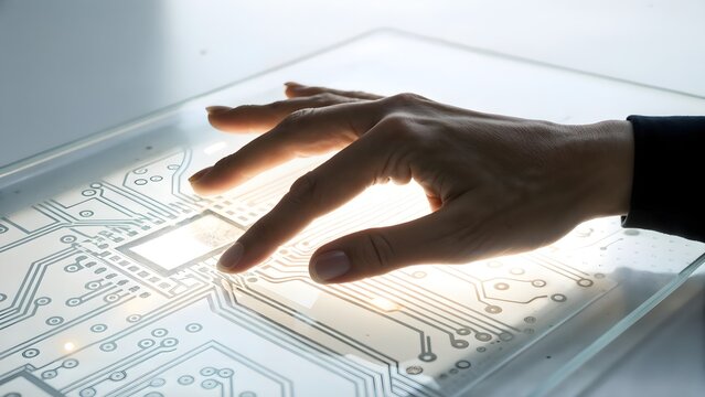 Close up of a person s hand interacting with a glowing futuristic digital interface displaying circuit board patterns