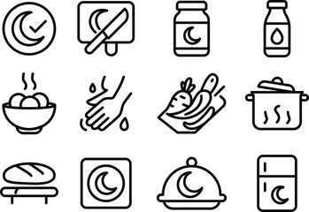 12 Cooking and Kitchen Line Icons – Halal Food Prep, Home Cooking, Recipe App Vector Set