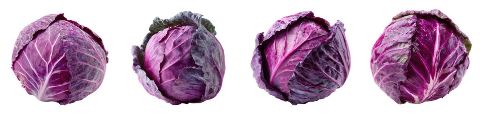 Obraz premium Vibrant Red Cabbage Collection, Isolated on Black Background, Freshness and Healthy Eating, Food Photography, PNG set Transparent backround