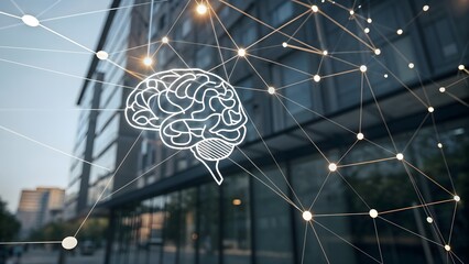 Digital brain network overlay on modern glass building representing artificial intelligence and connectivity