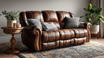 Elegant brown leather sofa with cushions living room high resolution image