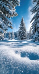 Fototapeta premium Winter wonderland scene with snow-covered evergreens bathed in sunlight