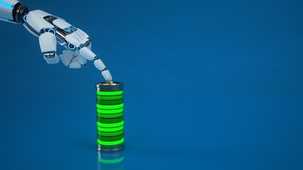 Robot touch battery. 3D illustration.
