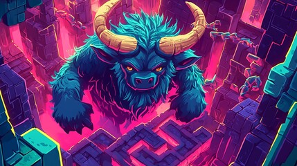 Stylized bull creature in vibrant cityscape