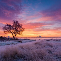 Obraz premium Frozen field at sunrise