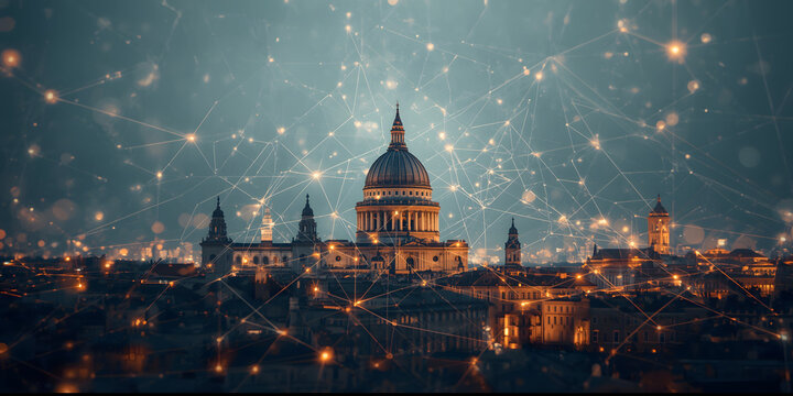 London Skyline Connected: A mesmerizing aerial view of the London skyline at dusk, with Saint Paul's Cathedral as the centerpiece, intertwined with an ethereal network of luminous lines.