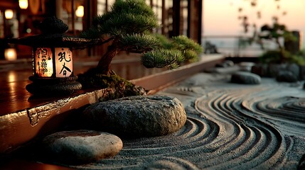 Japanese raked sand and bonsai landscape high resolution image