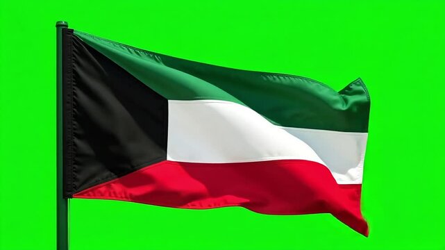 Kuwaiti flag waving proudly on green screen background, use for news or patriotic celebration