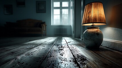 Lamp with soft glow on rustic floorboards high resolution image