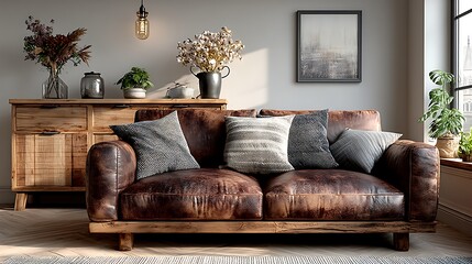 Luxurious tufted leather sofa with cushion high resolution image