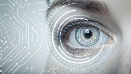 Close up of a human eye with futuristic digital interface and circuit board overlay