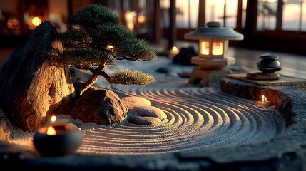 Peaceful zen garden with rocks and bonsai high resolution image