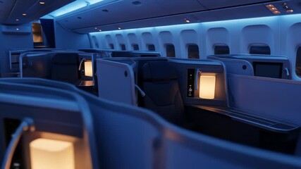 modern empty business class airplane interior night