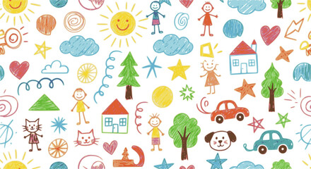 Fototapeta premium Crayon drawn kid doodles seamless pattern. Funky chalk kid drawings. 