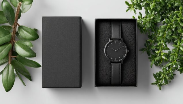 Minimalist black watch in a matching box, surrounded by greenery