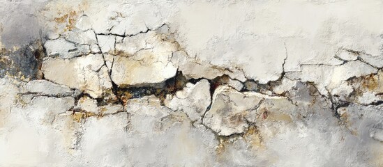Naklejka premium Abstract landscape of cracked earth. Light gray, beige, and dark brown tones create a textured, layered effect resembling cracked earth or stone. 