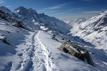 Lone trail of footprints on snow covered mountain  
