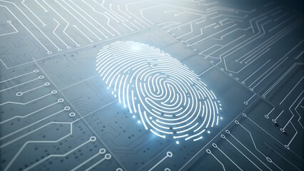Digital fingerprint overlayed on a circuit board representing biometric security and technology