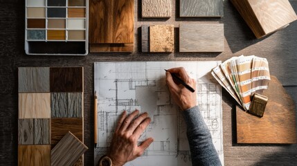 Designer working on architectural plans surrounded by material samples in a well-lit studio