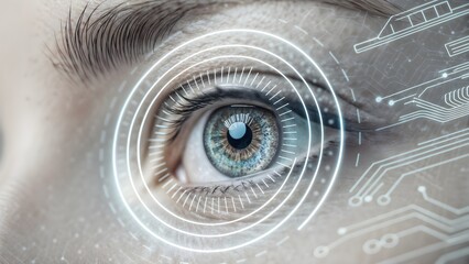 Close up of a human eye with futuristic digital interface and glowing concentric circles