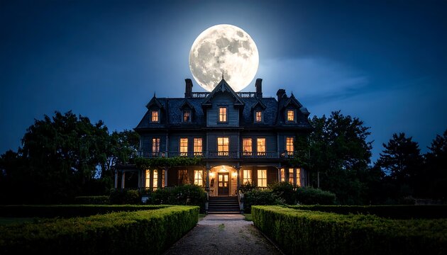 Majestic Night Manor Enchanting Scene of House Silhouetted by a Full Moon.