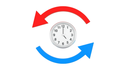 Modern 3D Rendering Clockwise and Counter Clockwise Arrows Around Classic Clock Design