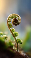 Close-up of a delicate, unfurling fern frond, spiral shape, vibrant green and light brown tones.  Soft, natural light highlights the emerging growth