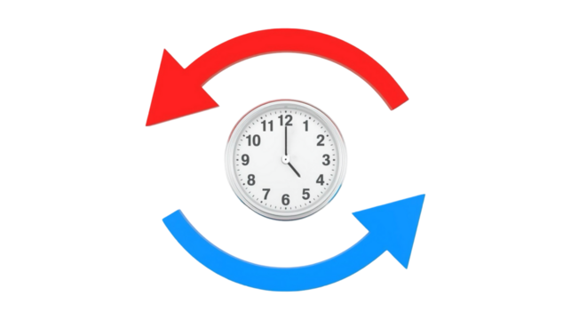 Modern 3D Rendering Clockwise and Counter Clockwise Arrows Around Classic Clock Design