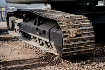 Excavator track detail on gravel surface, industrial crawler machinery closeup, heavy construction gear for digging and moving soil, earthmoving equipment undercarriage in action