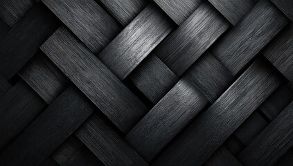 Interwoven dark wood planks.  A close-up view of a dark gray or black woven pattern, resembling a basket weave or lattice.  The planks create a complex, repeating geometric design