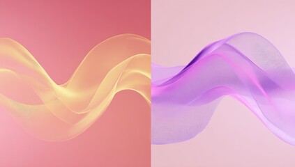 Abstract, flowing lines in complementary colors.  Two halves of a design, one pale yellow-gold, the other soft lavender-purple, against a light peach and blush pink backdrop respectively.  