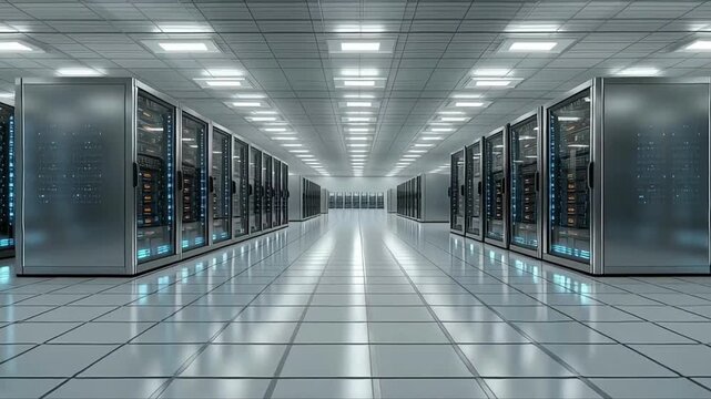 Image depicts a vast, modern data center interior with a symmetrical layout.