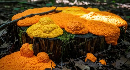 Photo of vibrant yellow and orange slime mold growing in clusters on a mosscovered wooden stump in a forest, showcasing unusual natural textures and organic patterns up close
