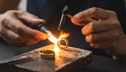 Intricate jewelry creation process showcasing a goldsmith soldering a ring with a torch flame