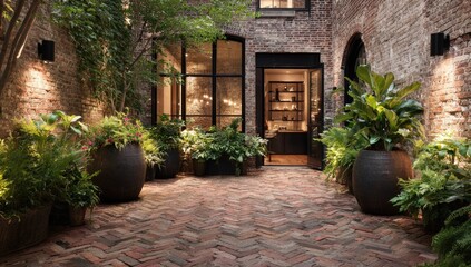 Naklejka premium Brick-paved courtyard with lush greenery. Illuminated by outdoor lighting