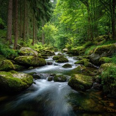 Obraz premium A tranquil stream meanders through a lush green forest. Rocks covered in moss line the banks. Flowing water creates a soft blur, emphasizing the serene atmosphere