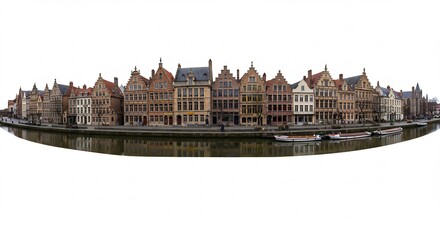 Fototapeta premium Maisons canal vieilles ville panorama lumiere douce matinale. AI Generated