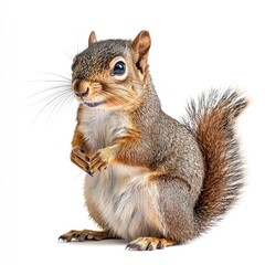 Fototapeta premium Close-up of a small, alert-looking squirrel, seated, paws together, against white background