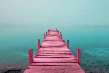 Obraz premium Pink wooden dock leading into a teal-toned, foggy lake