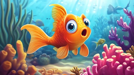 Fototapeta premium Surprised cartoon goldfish in underwater scene