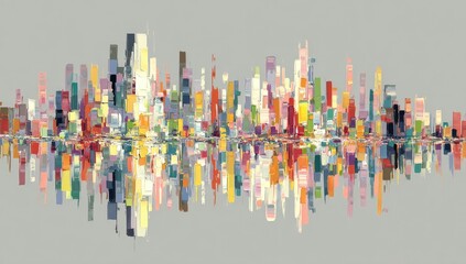 Abstract cityscape panorama.  A horizontal, stylized cityscape, rendered in a vibrant array of colors.  Buildings are abstracted, depicted as blocks of paint.